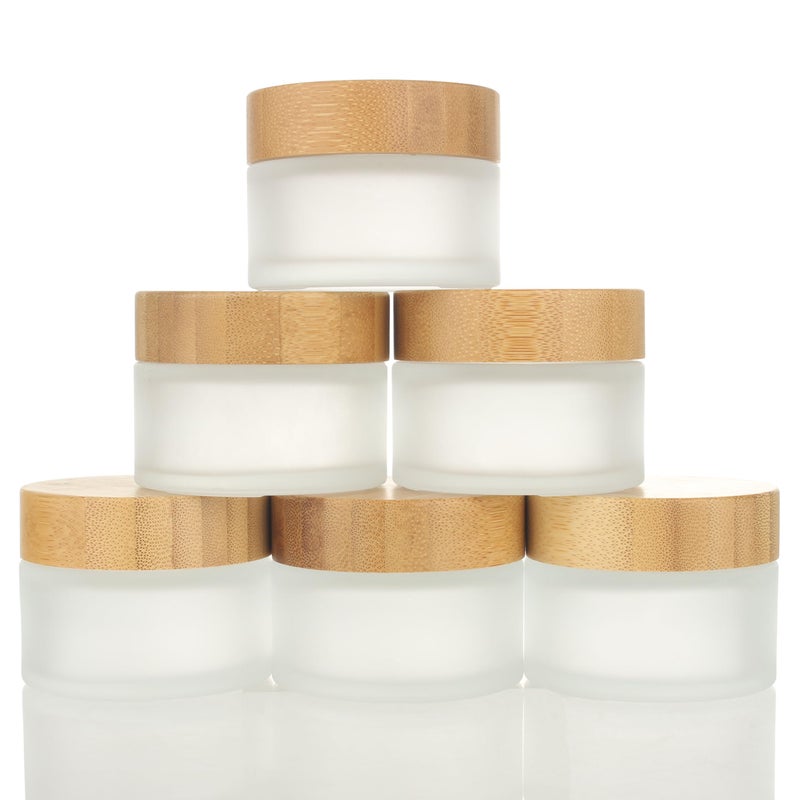COSIDEA 6pcs Empty 17 OZ50g Round Frosted Glass Jars with Bamboo lids Bamboo Cream Jar Refillable Cosmetic Travel Containers for Lip Balm Ointments Lotion Packing